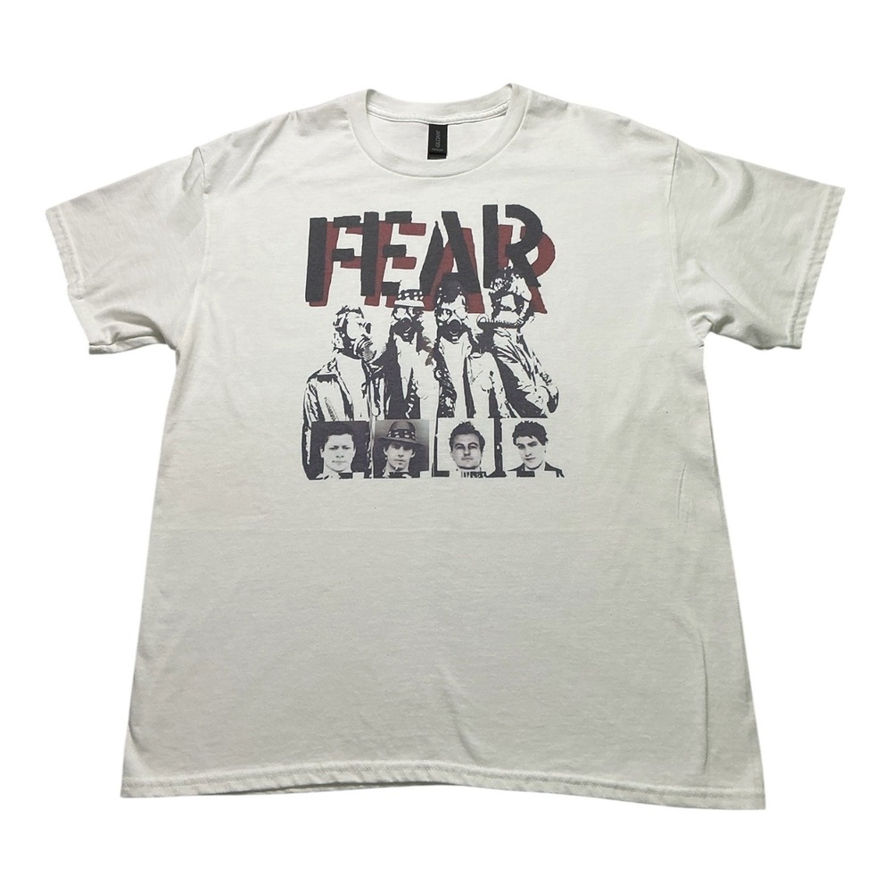 Fear Band Graphic T-Shirt White Cotton Gas Mask Punk Rock Tee Mens Large